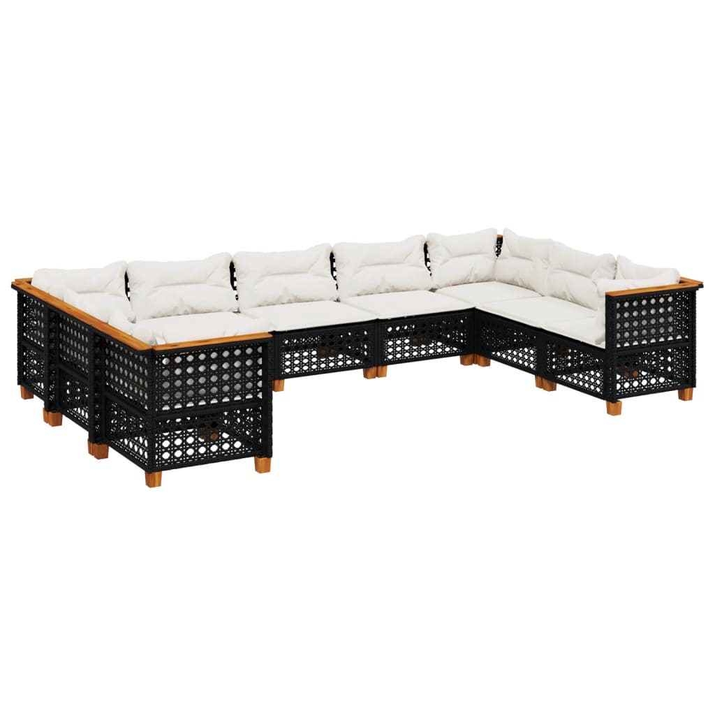 9-delige Loungeset met kussens poly rattan zwart