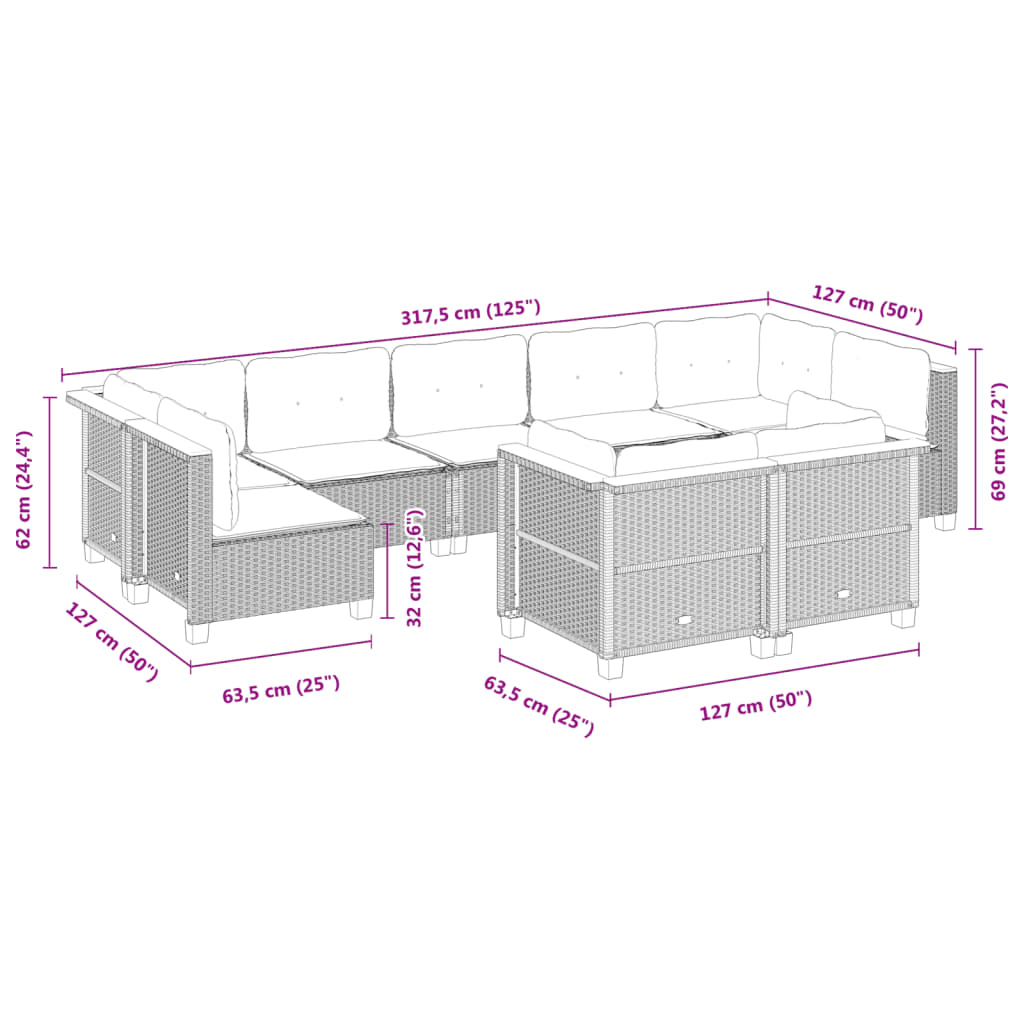 9-delige Loungeset met kussens poly rattan grijs