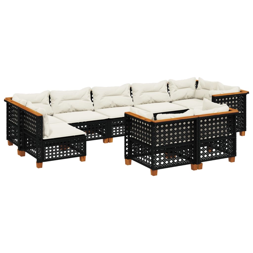 9-delige Loungeset met kussens poly rattan zwart