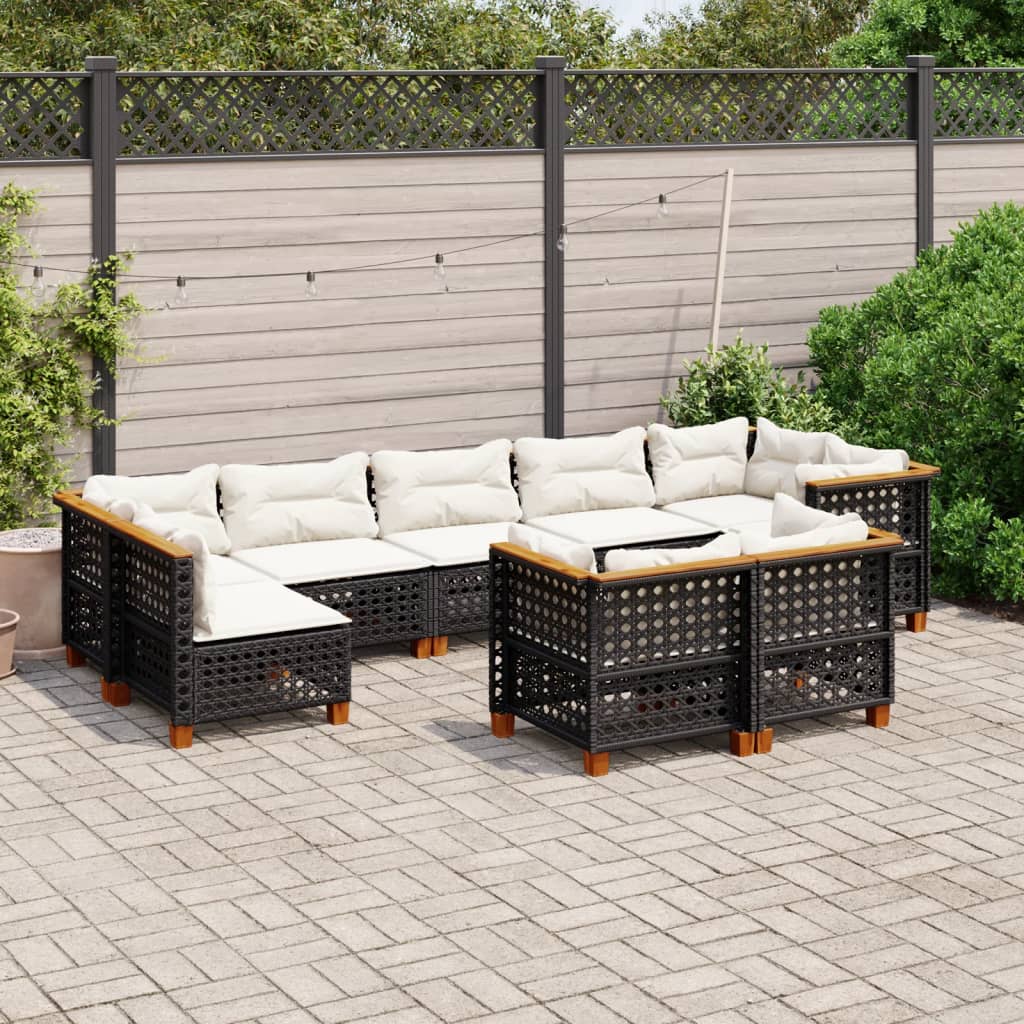 9-delige Loungeset met kussens poly rattan zwart