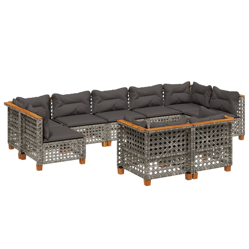 9-delige Loungeset met kussens poly rattan grijs