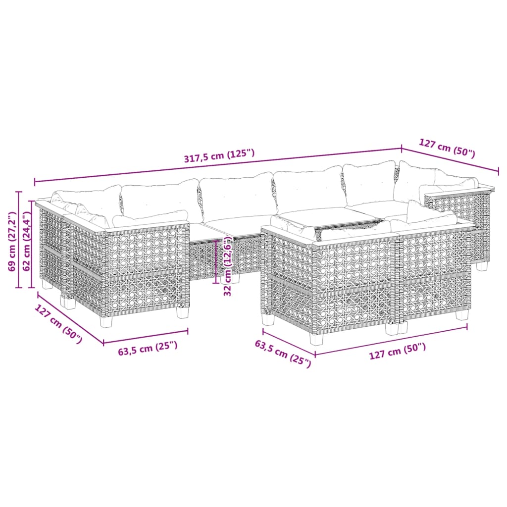 9-delige Loungeset met kussens poly rattan grijs