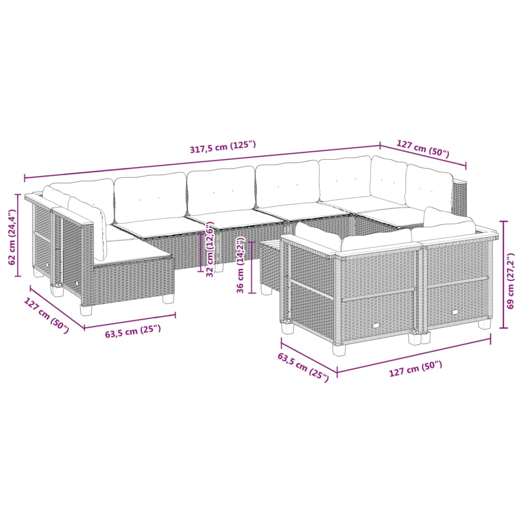 10-delige Loungeset met kussens poly rattan grijs