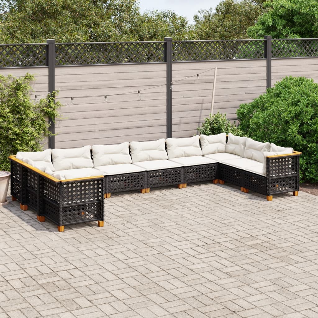 10-delige Loungeset met kussens poly rattan zwart