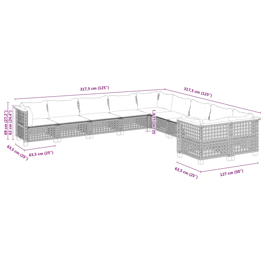 10-delige Loungeset met kussens poly rattan zwart