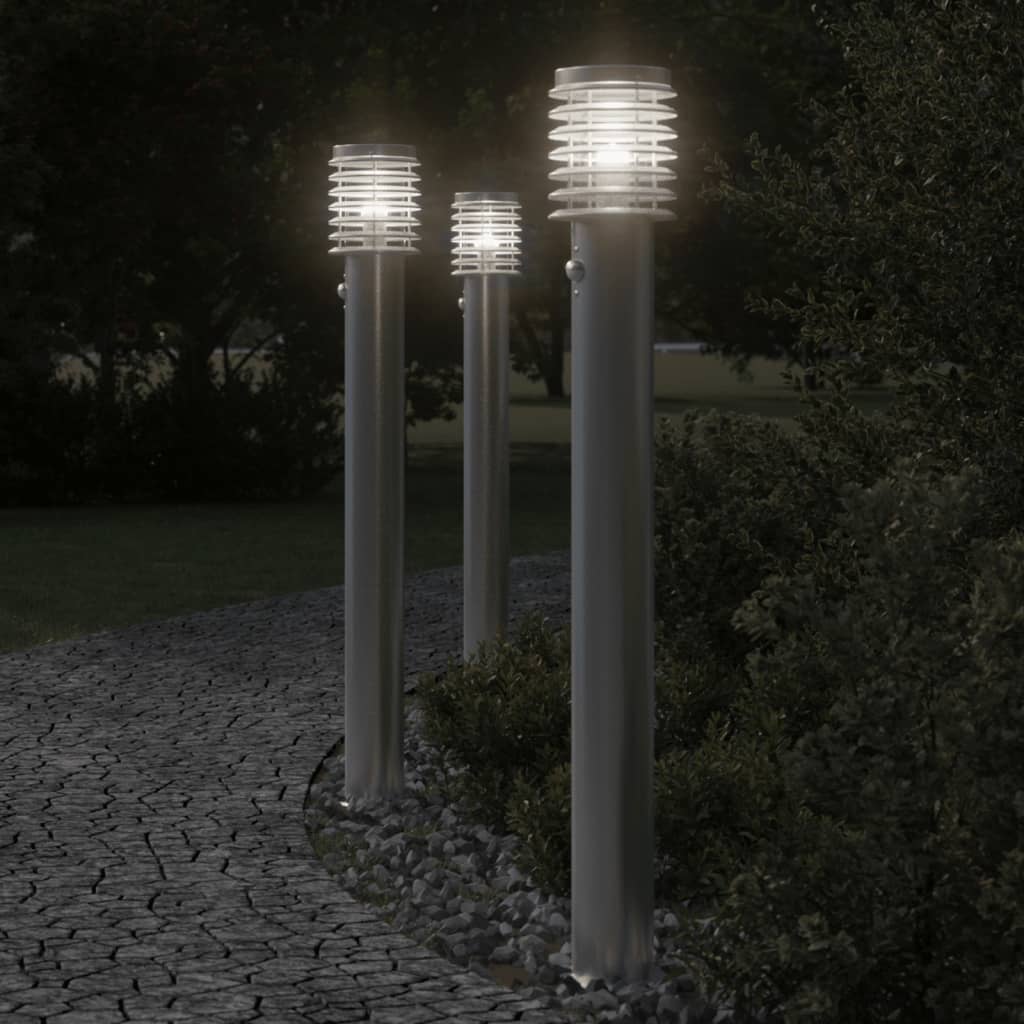 Buitenvloerlampen 3 st met sensors 110 cm roestvrijstaal zilver