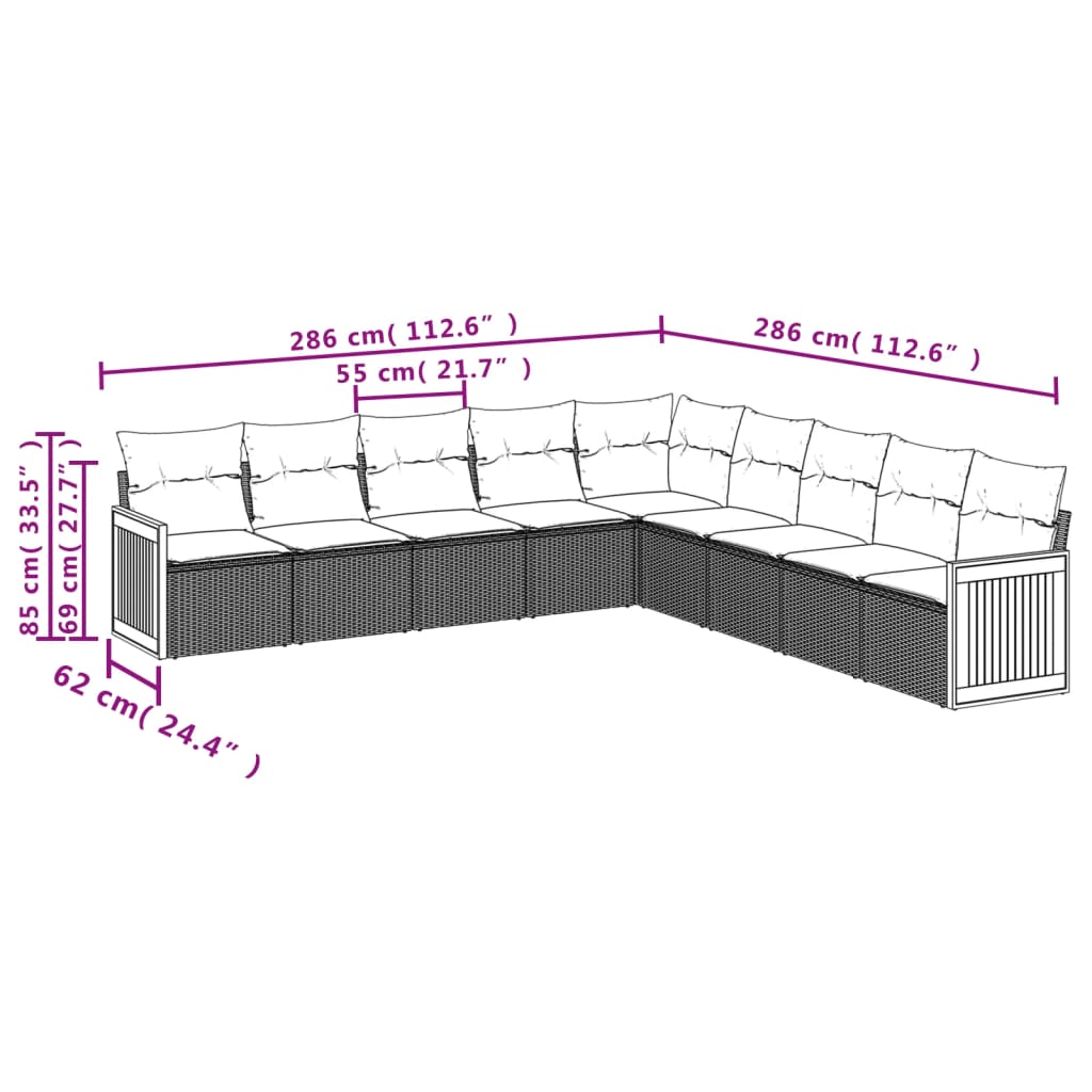 9-Delige Loungeset Met Kussens Poly Rattan Grijs Zonder tafel