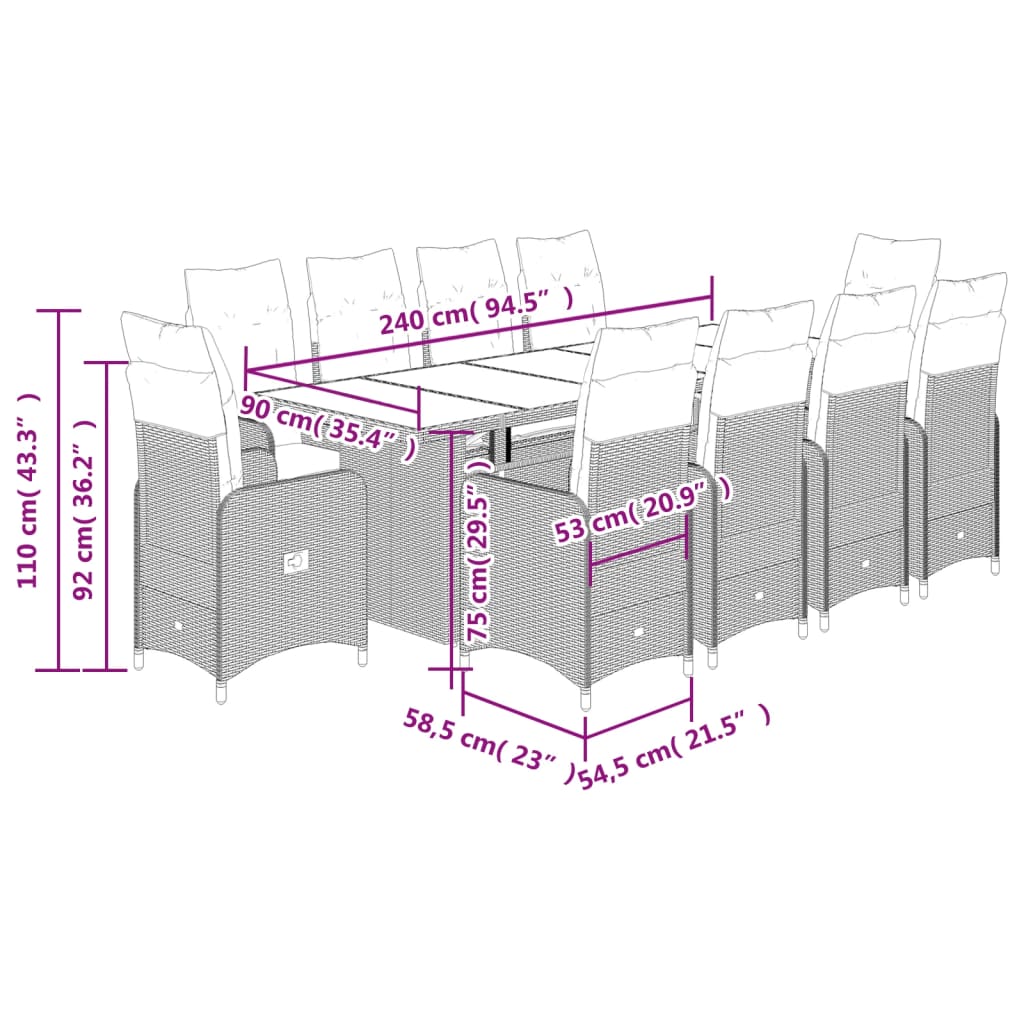 11-delige Bistroset met kussens poly rattan bruin