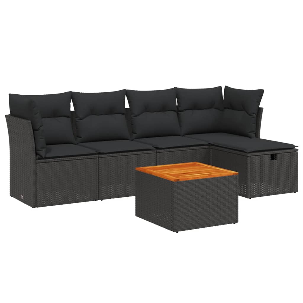 6-delige Loungeset met kussens poly rattan zwart