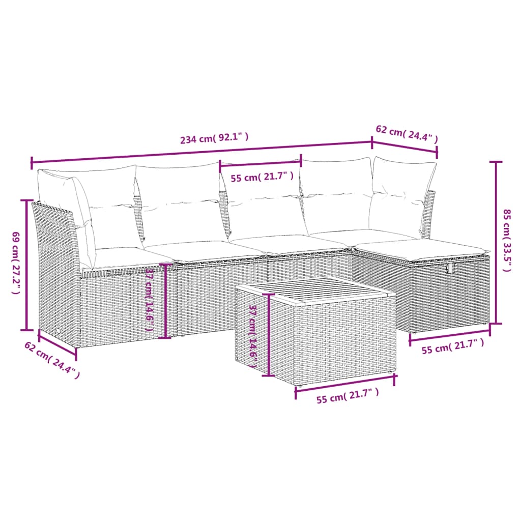 6-delige Loungeset met kussens poly rattan zwart