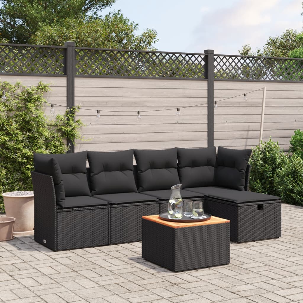 6-delige Loungeset met kussens poly rattan zwart