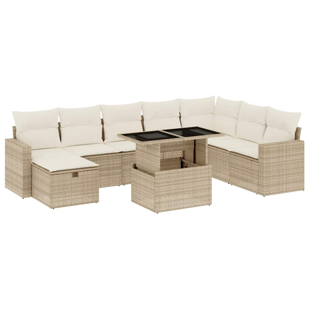 9-delige Loungeset met kussens poly rattan beige