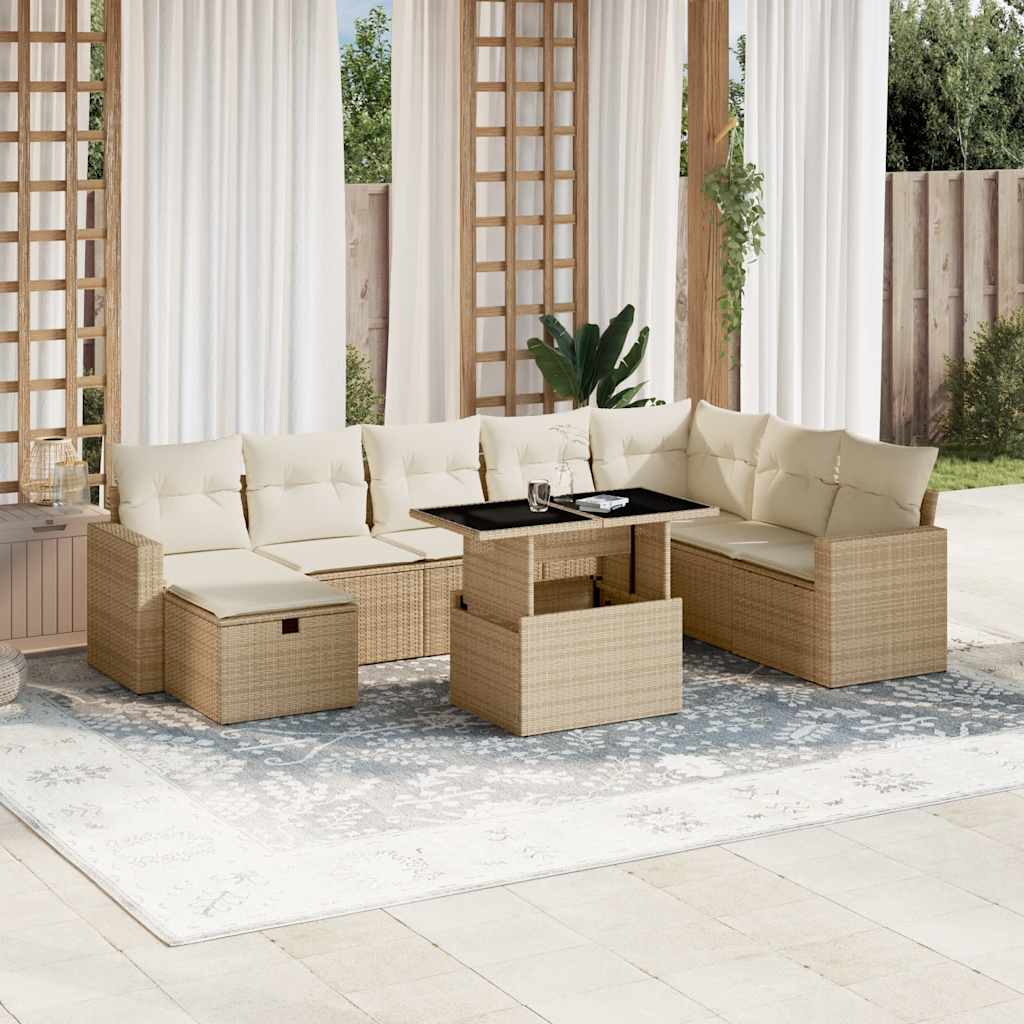 9-delige Loungeset met kussens poly rattan beige