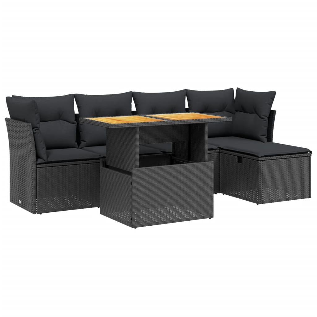 6-delige Loungeset met kussens poly rattan zwart