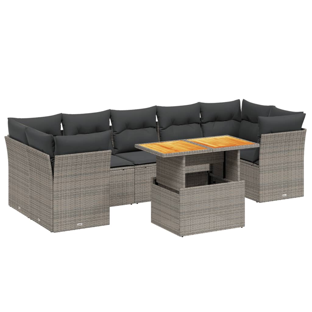 8-delige Loungeset met kussens poly rattan grijs