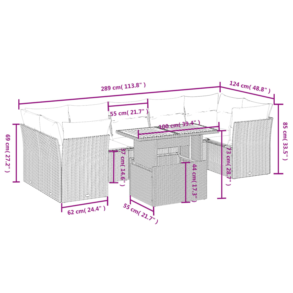 8-delige Loungeset met kussens poly rattan grijs