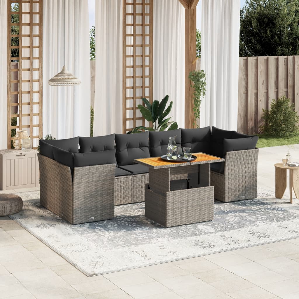 8-delige Loungeset met kussens poly rattan grijs