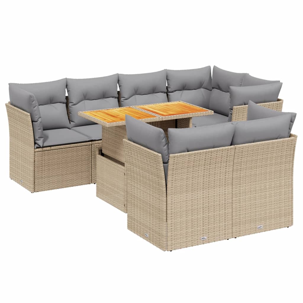 8-delige Loungeset met kussens poly rattan beige