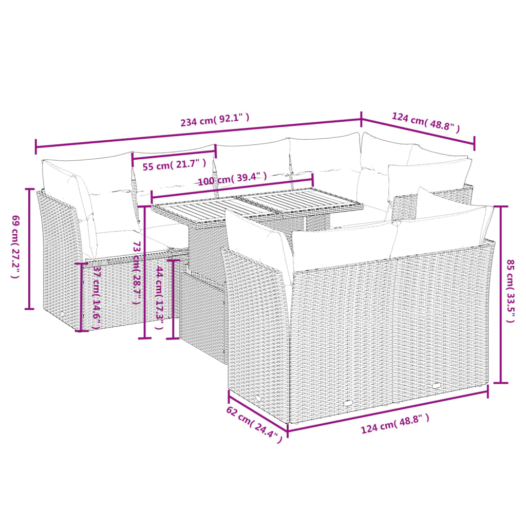 8-delige Loungeset met kussens poly rattan beige