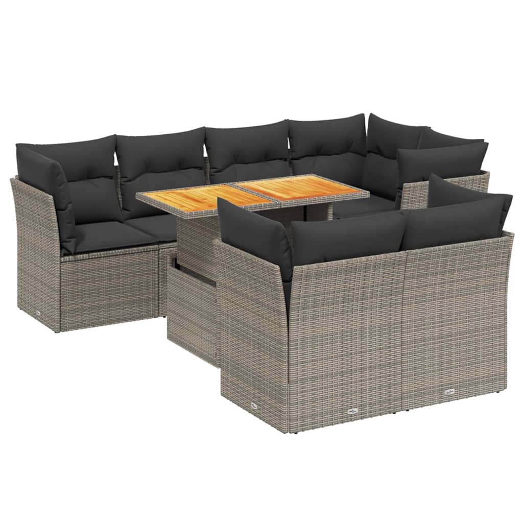 8-delige Loungeset met kussens poly rattan grijs