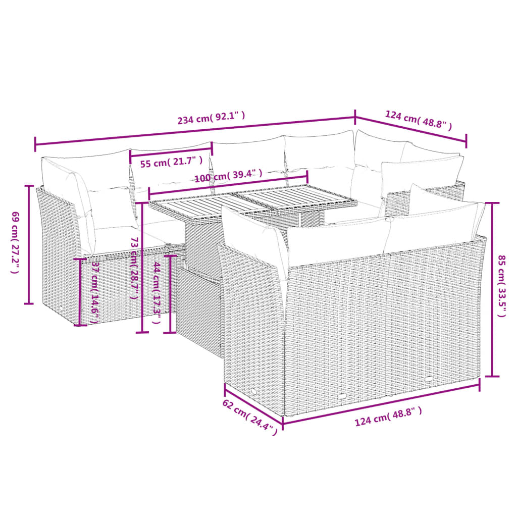 8-delige Loungeset met kussens poly rattan grijs