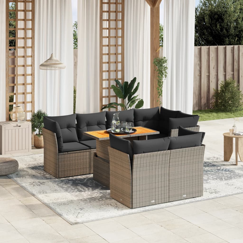 8-delige Loungeset met kussens poly rattan grijs