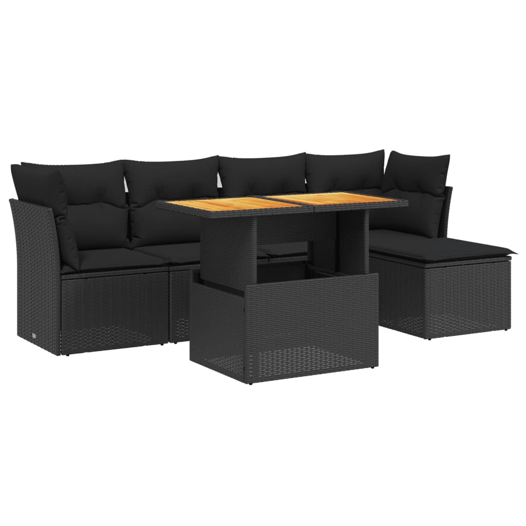 6-delige Loungeset met kussens poly rattan zwart