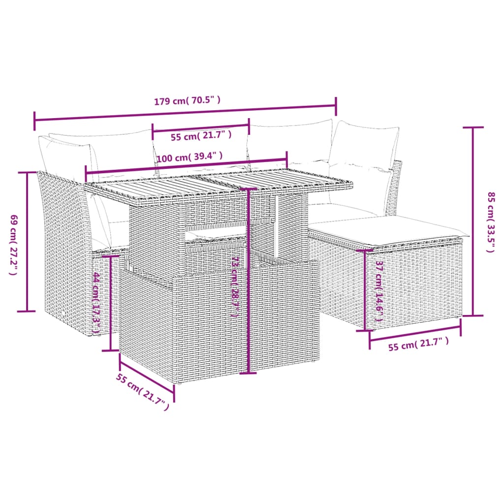 6-delige Loungeset met kussens poly rattan zwart