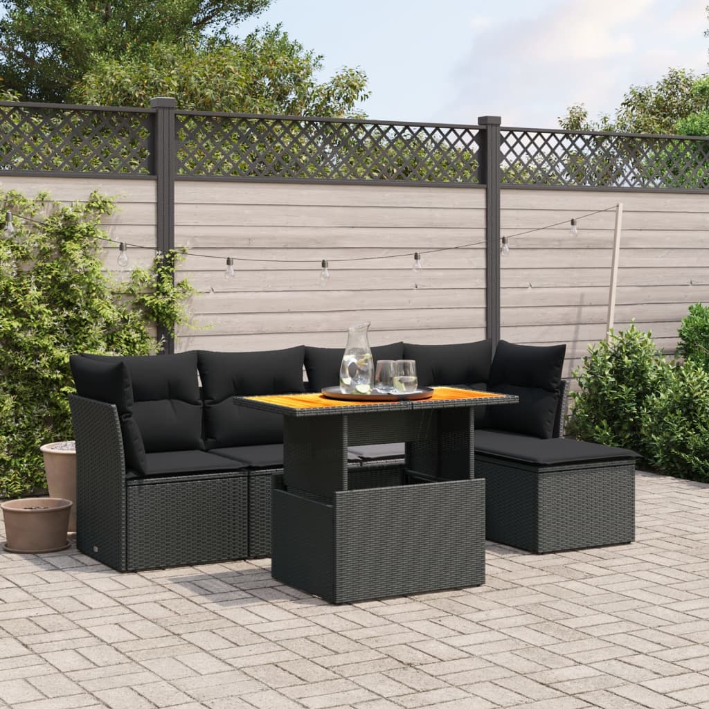 6-delige Loungeset met kussens poly rattan zwart