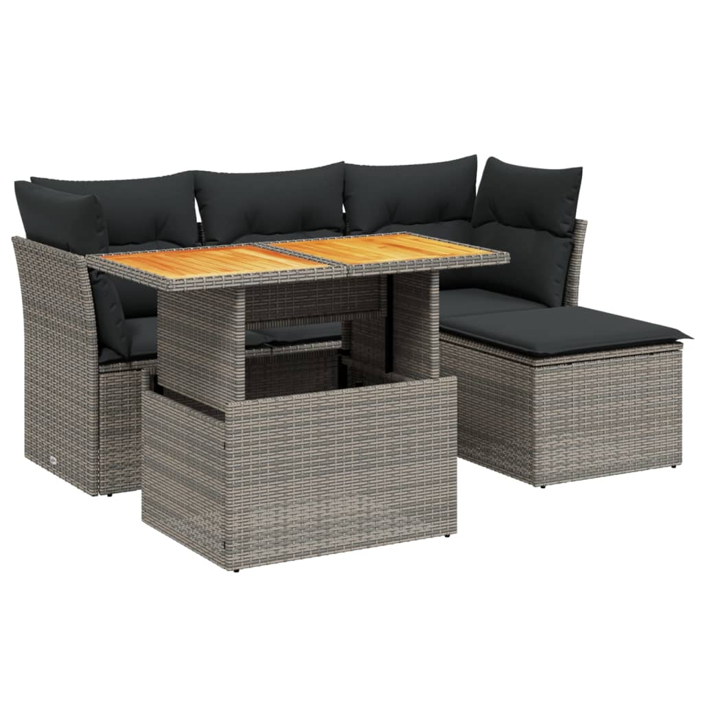 6-delige Loungeset met kussens poly rattan grijs