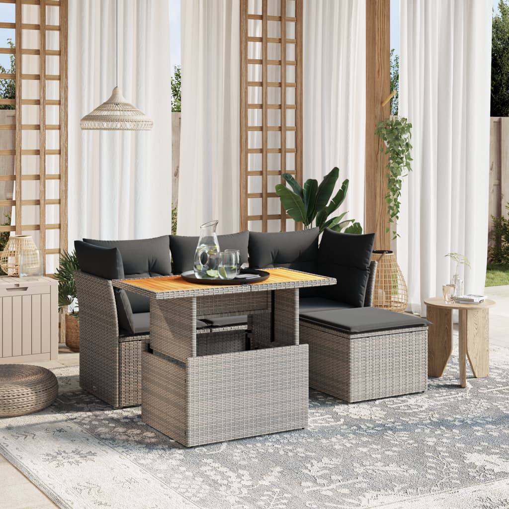 6-delige Loungeset met kussens poly rattan grijs