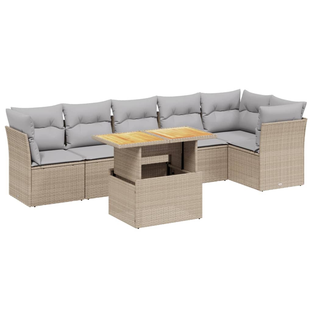 7-delige Loungeset met kussens poly rattan beige