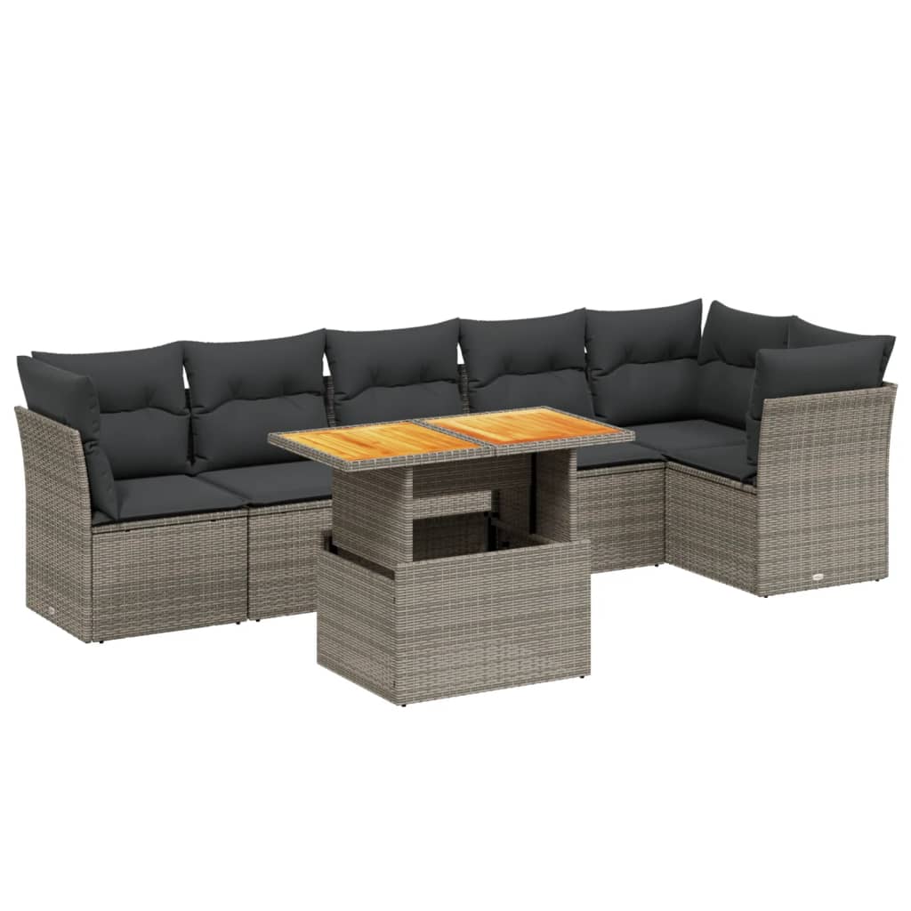 7-delige Loungeset met kussens poly rattan grijs