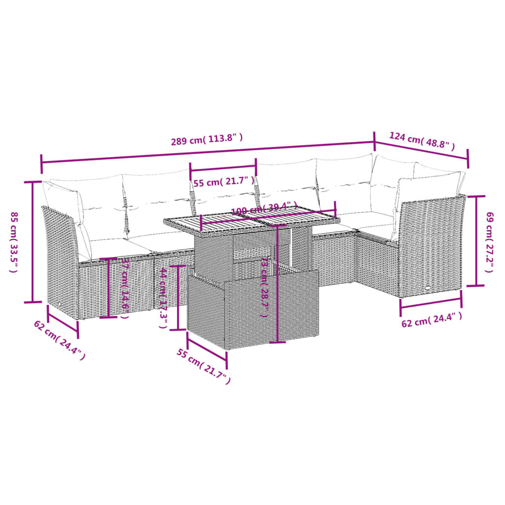 7-delige Loungeset met kussens poly rattan grijs