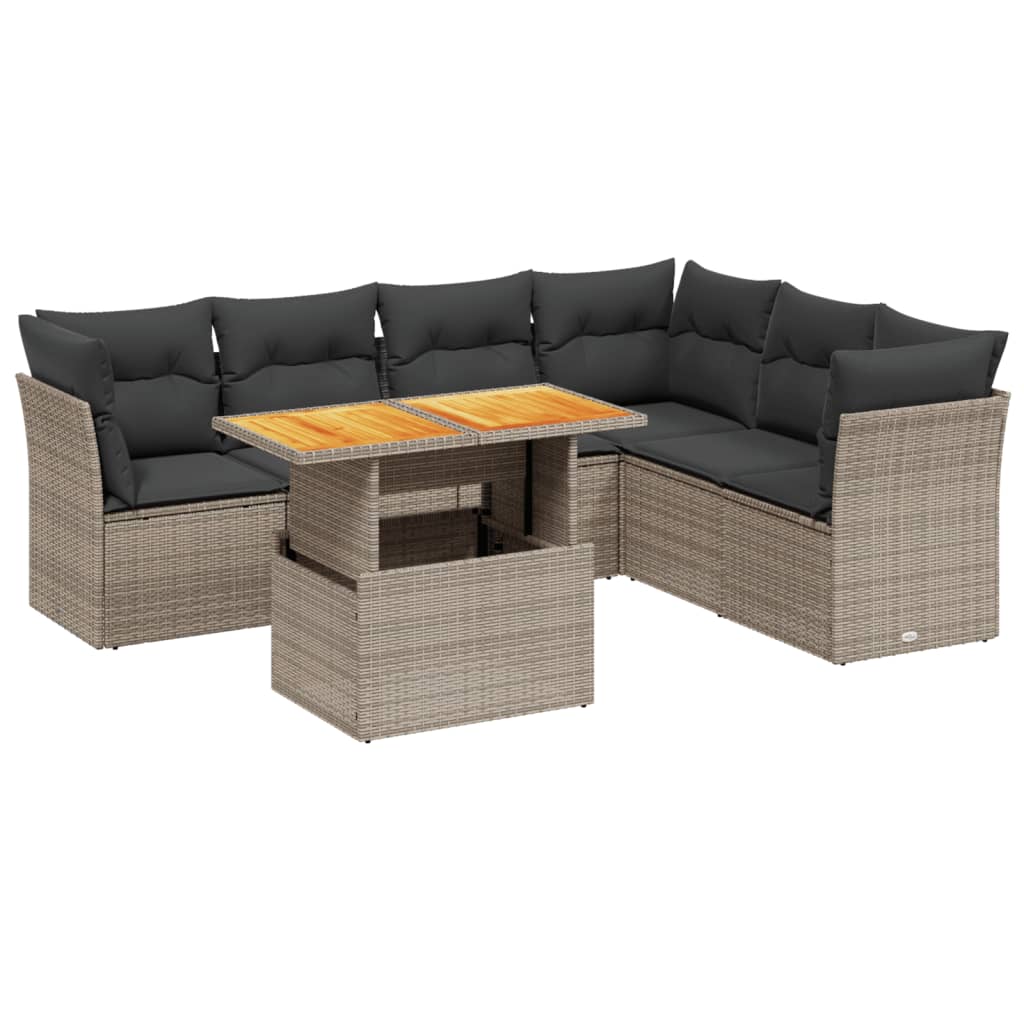 7-delige Loungeset met kussens poly rattan grijs