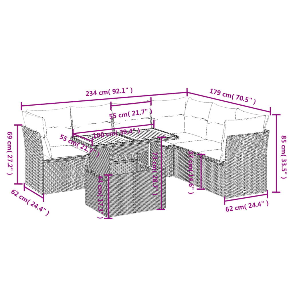 7-delige Loungeset met kussens poly rattan grijs