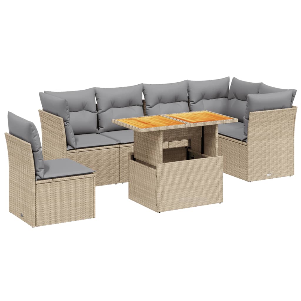 7-delige Loungeset met kussens poly rattan beige