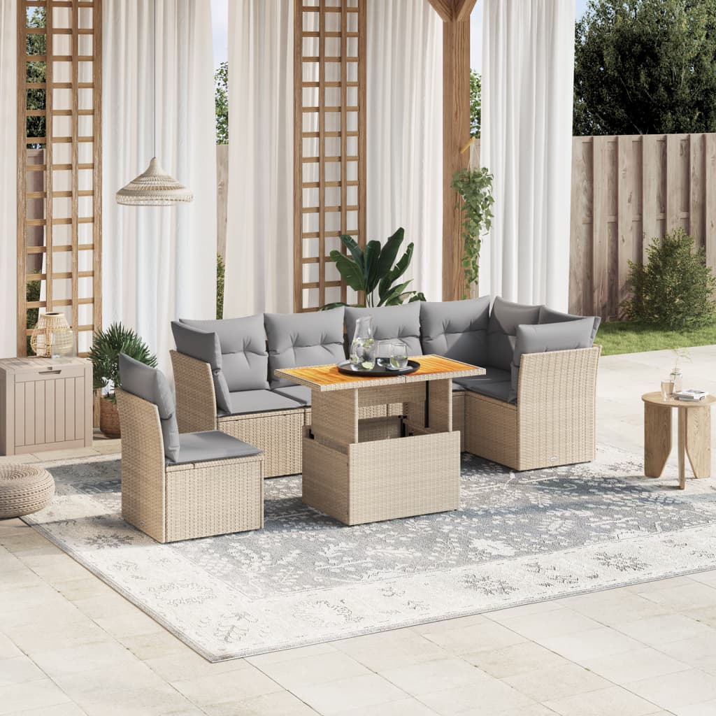 7-delige Loungeset met kussens poly rattan beige