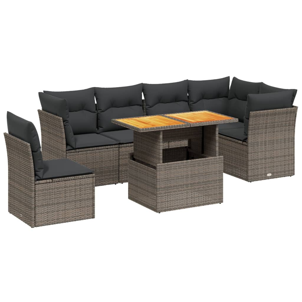 7-delige Loungeset met kussens poly rattan grijs