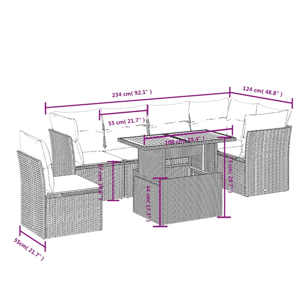 7-delige Loungeset met kussens poly rattan grijs