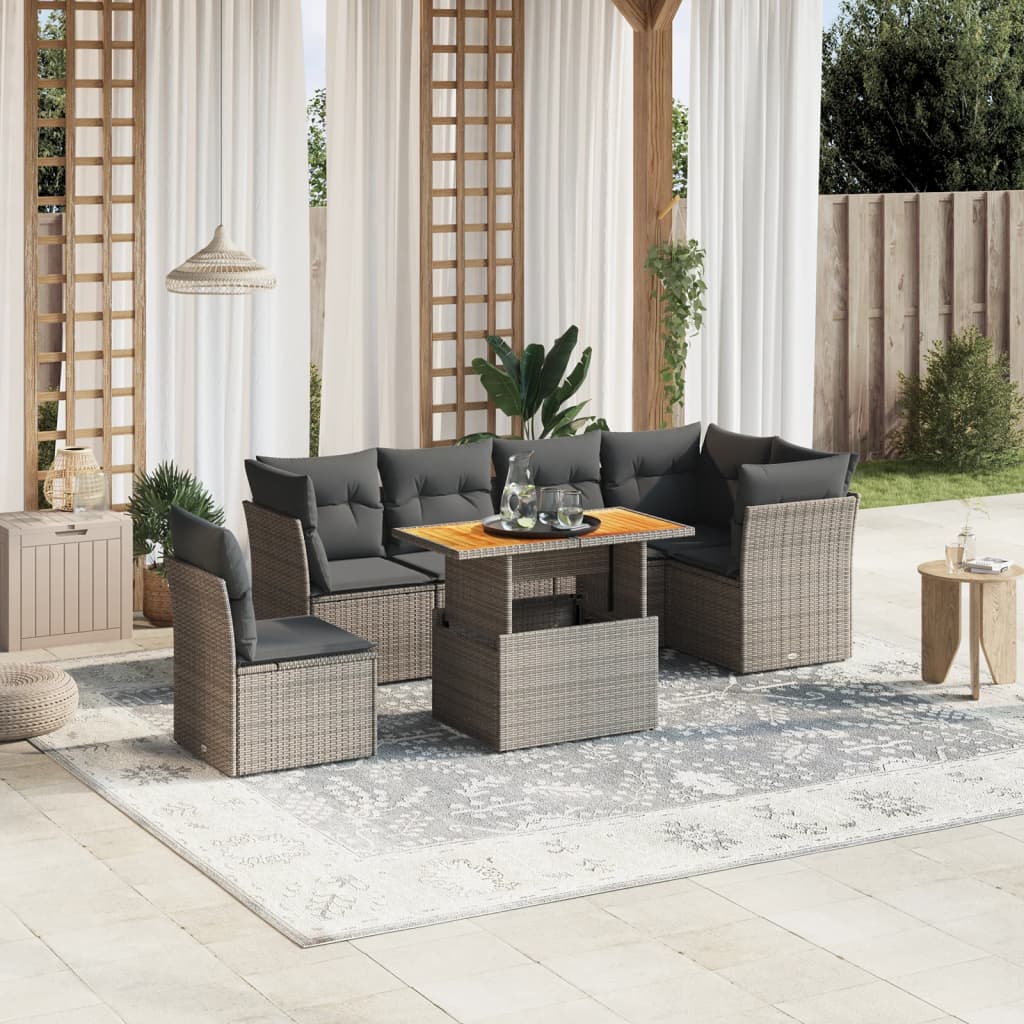 7-delige Loungeset met kussens poly rattan grijs