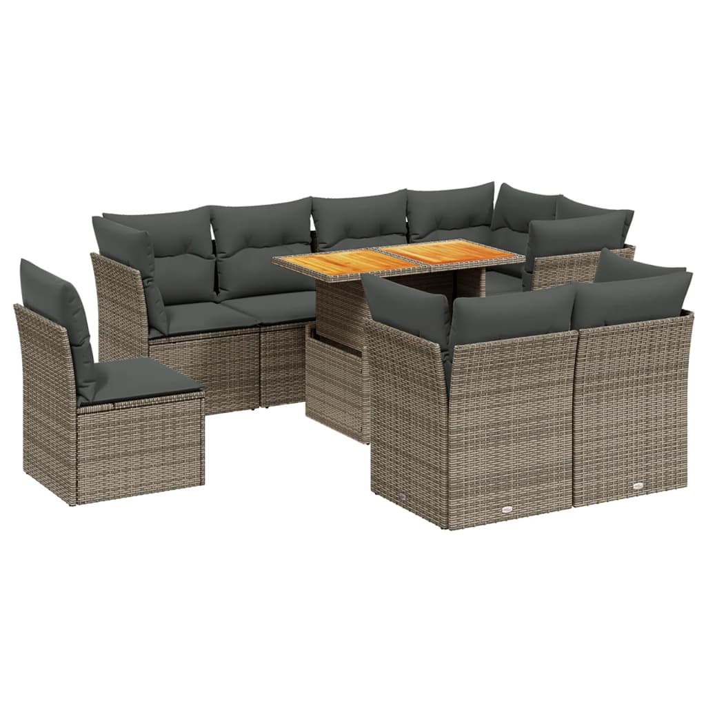 9-delige Loungeset met kussens poly rattan grijs