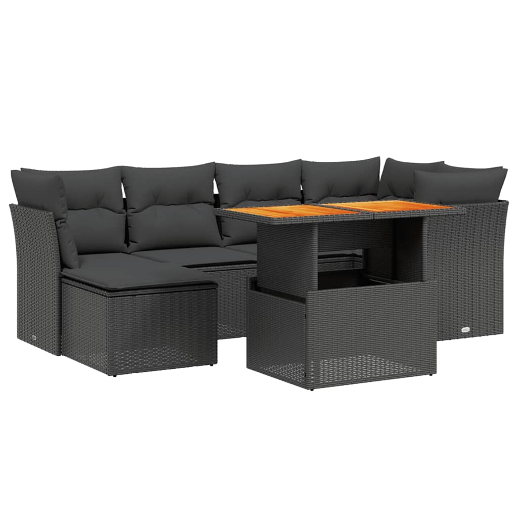 7-delige Loungeset met kussens poly rattan zwart