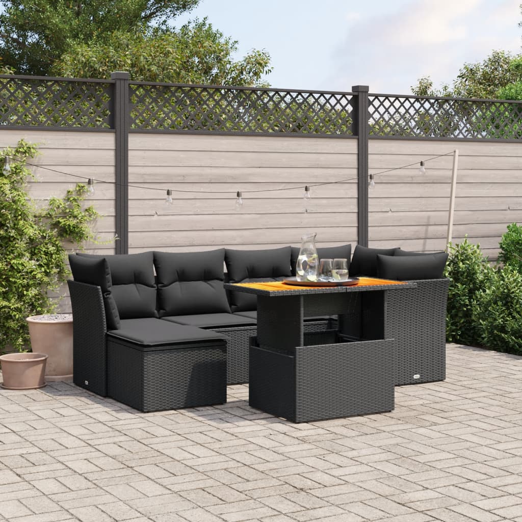 7-delige Loungeset met kussens poly rattan zwart