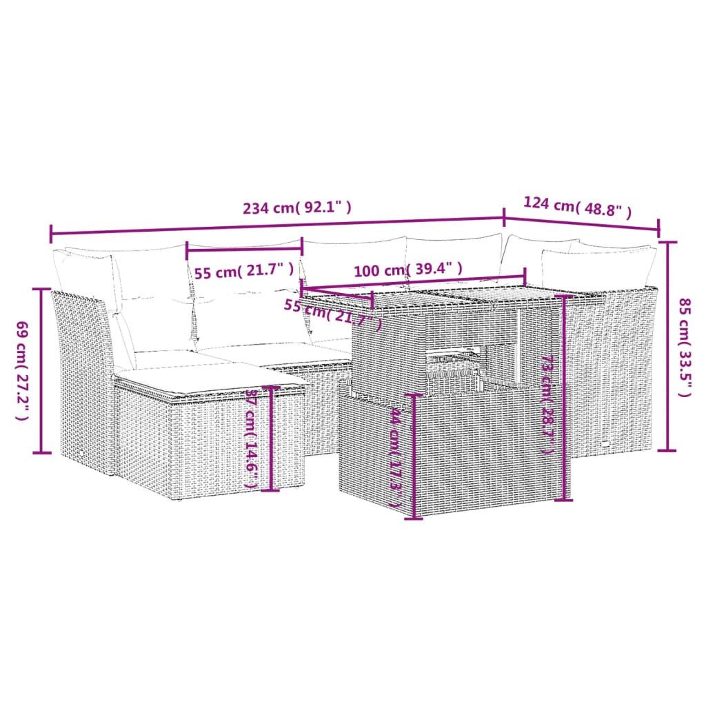 7-delige Loungeset met kussens poly rattan grijs