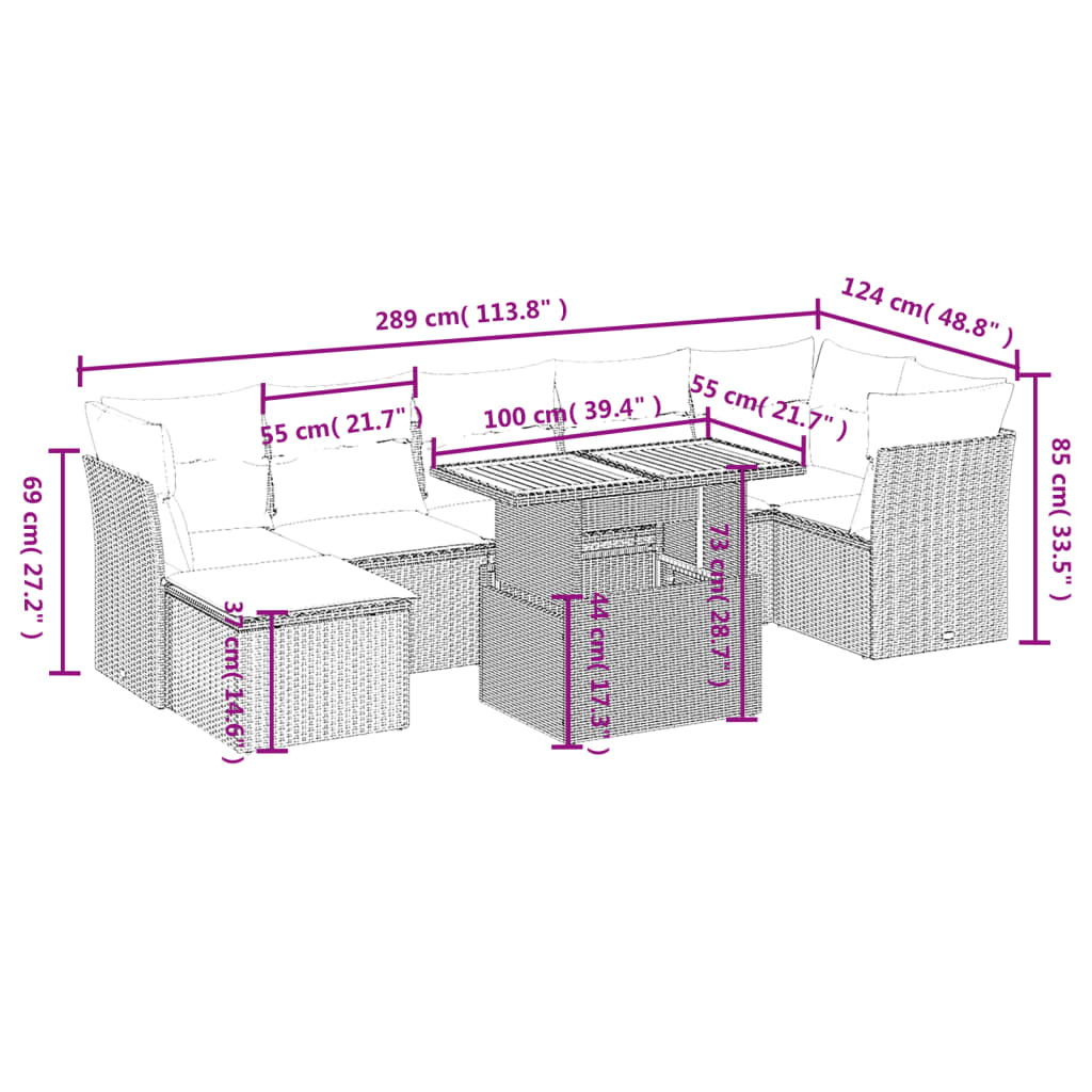 8-delige Loungeset met kussens poly rattan grijs