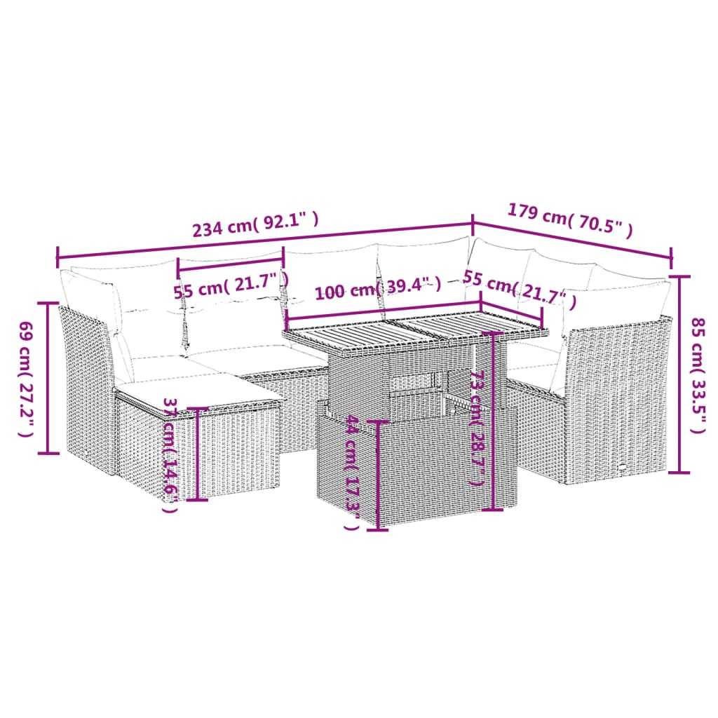 8-delige Loungeset met kussens poly rattan grijs