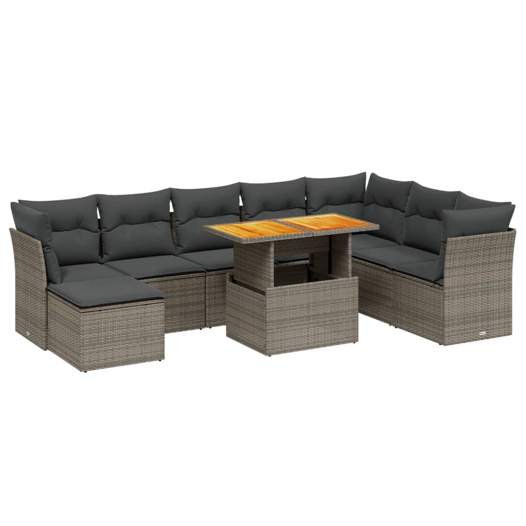 9-delige Loungeset met kussens poly rattan grijs