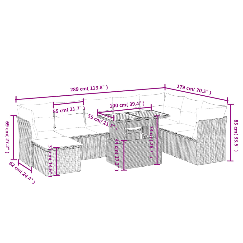 9-delige Loungeset met kussens poly rattan grijs