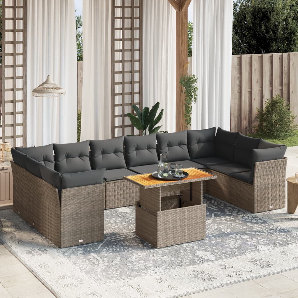 11-delige Loungeset met kussens poly rattan grijs